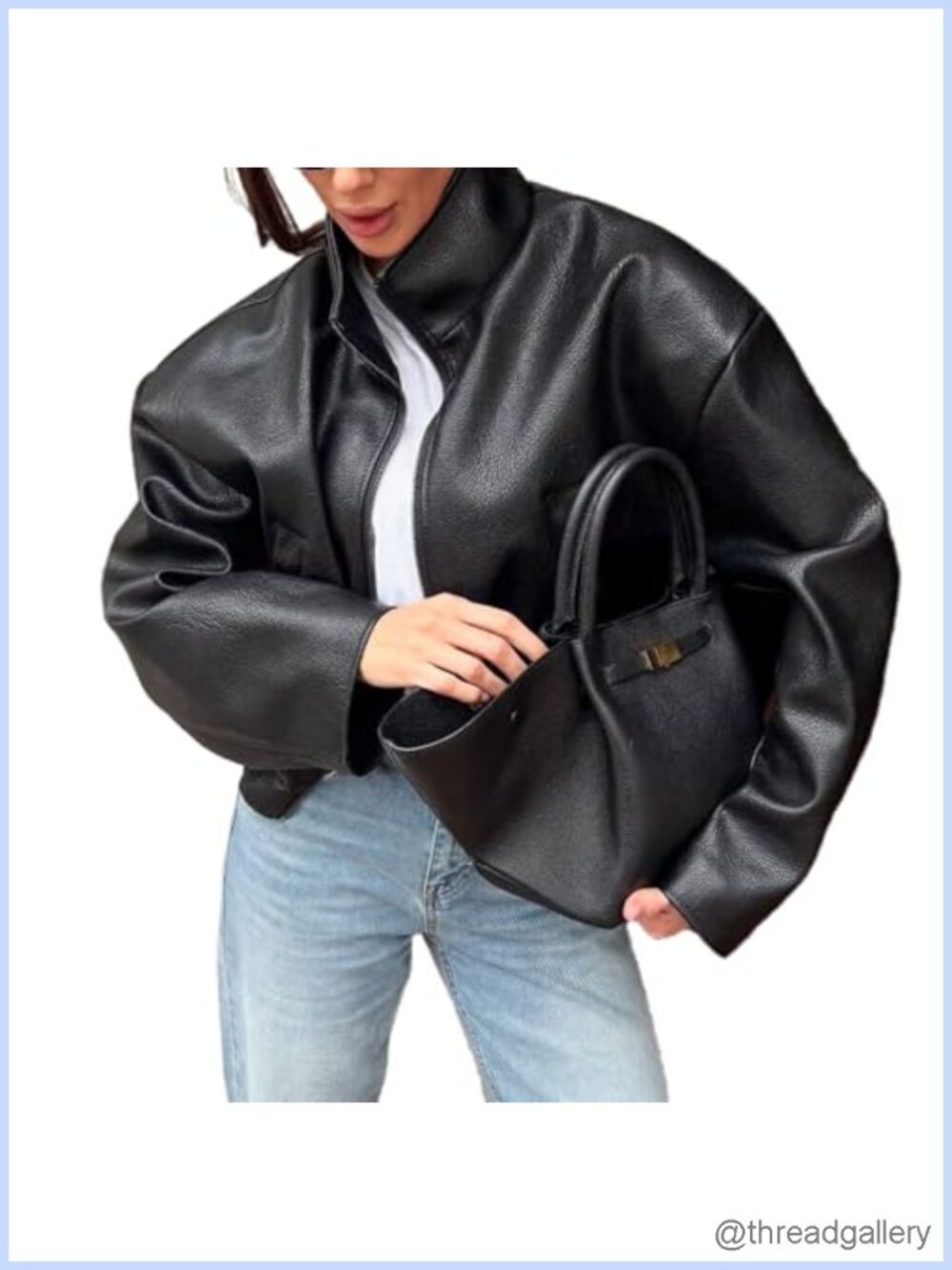 Faux Leather Motorcycle Bomber Jacket Women Stand Collar Zipper Long Sleeve